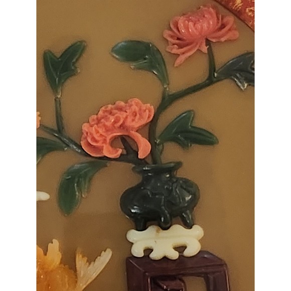 Decorative Wall Plaque, Chinese, Faux Jade, Coral, Round Vntg, Gold Fish, 7” - Picture 8 of 9